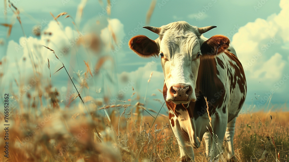A brown and white cow with horns standing in a field of tall grass. The cow is staring directly at the camera. The sky is visible in the background.