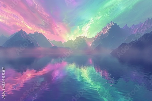 a neon-pastel gradient aurora over a tranquil lake, reflecting the dance of spiritual enlightenment, Digital art background