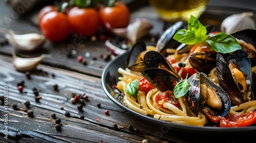 Tomatoes and Mussels Pasta on Dark Wooden Table