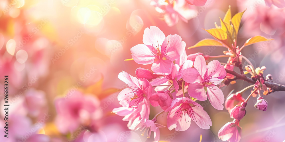 Horizontal banner with sakura flowers of pink color on sunny backdrop. Beautiful nature spring background.