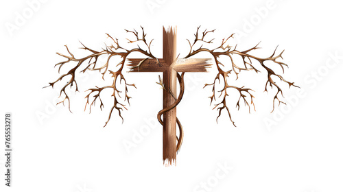 Cross, easter made of wood, leaves, thorns and tree branches on white background, copy space  photo