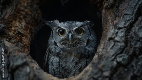 Owl Perched in Tree Hollow