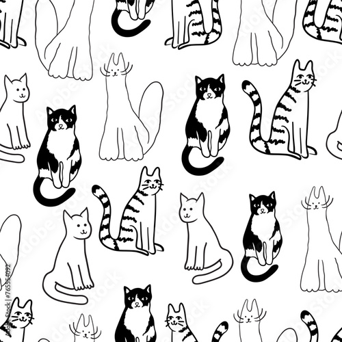seamless pattern with pet cat character in vector. on animal topic in doodle style. Template for wallpaper background wrapping postcard print