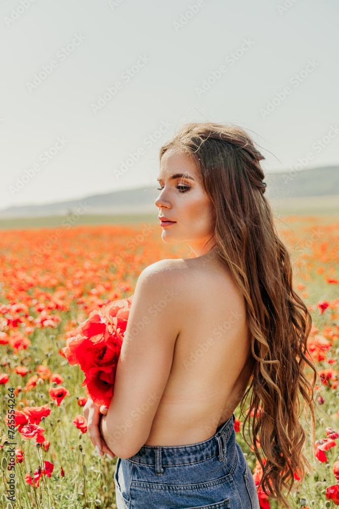 Woman poppies field. portrait happy woman with long hair in a poppy field and enjoying the beauty of nature in a warm summer day. Woman poppies field. portrait happy woman with long hair in a poppy field and enjoying the beauty of nature in a warm summer day.
