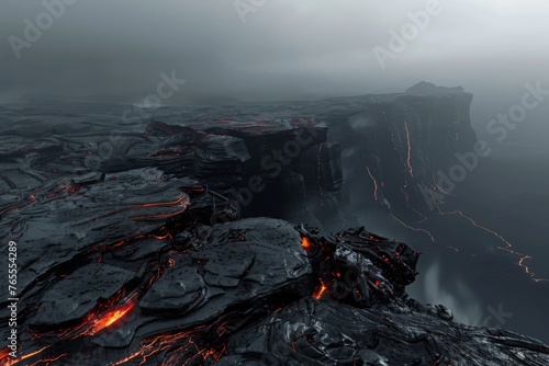 Molten lava flows over dark rugged terrain under overcast skies  concept of desolation and raw natural forces