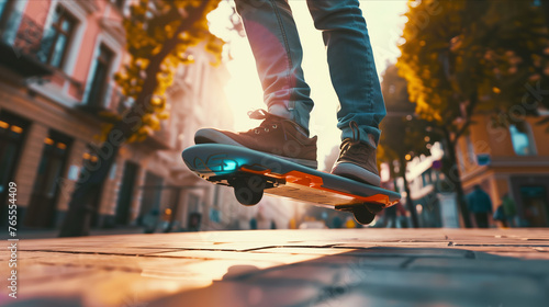Close-up of hoverboard, hoverboard rider's legs, floating in the air in the city, future of air vehicles.
