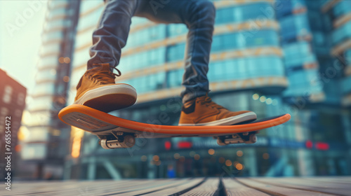 Close-up of hoverboard, hoverboard rider's legs, floating in the air in the city, future of air vehicles.