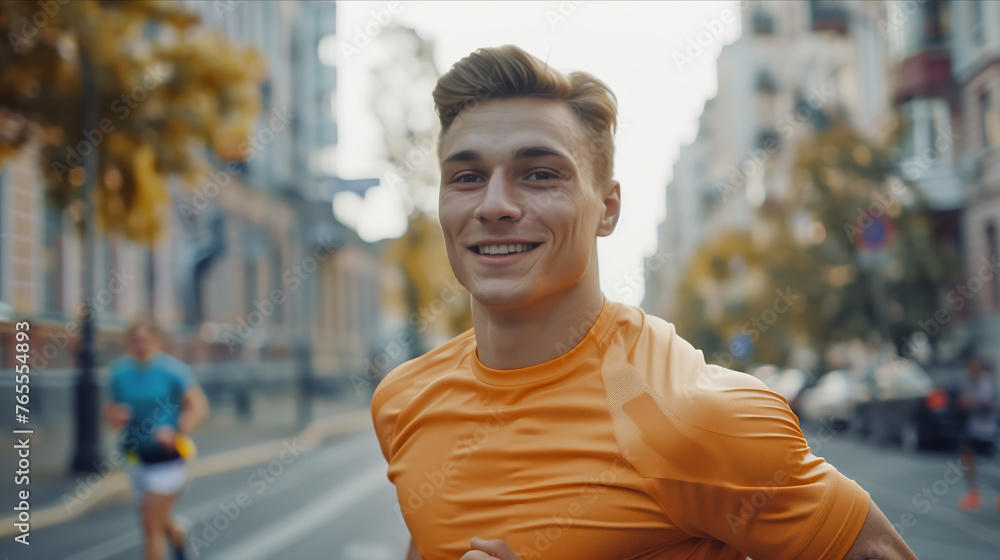 Fototapeta premium Caucasian male runner Running to the finish line in the city, people greeting at the finish line.