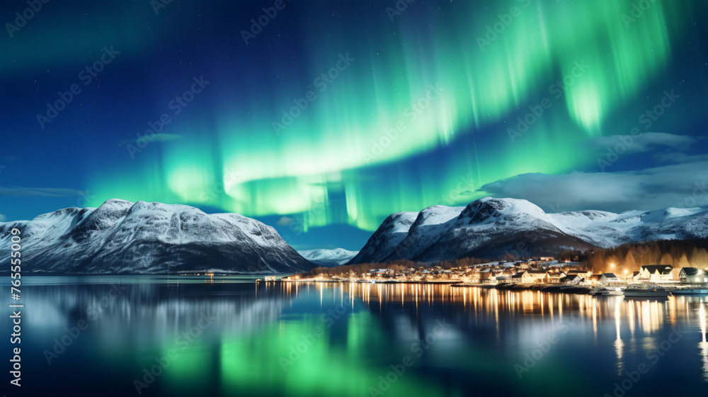 Northern lights Aurora borealis in the sky with super