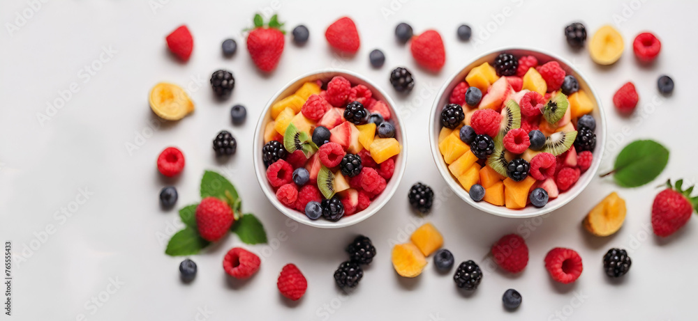 Bowl with yummy fruit saladBowl of healthy fresh fruit salad on white marble background. healthy food generative by ai.. Bowl with yummy fruit saladBowl of healthy fresh fruit salad on white marble background. healthy food generative by ai..