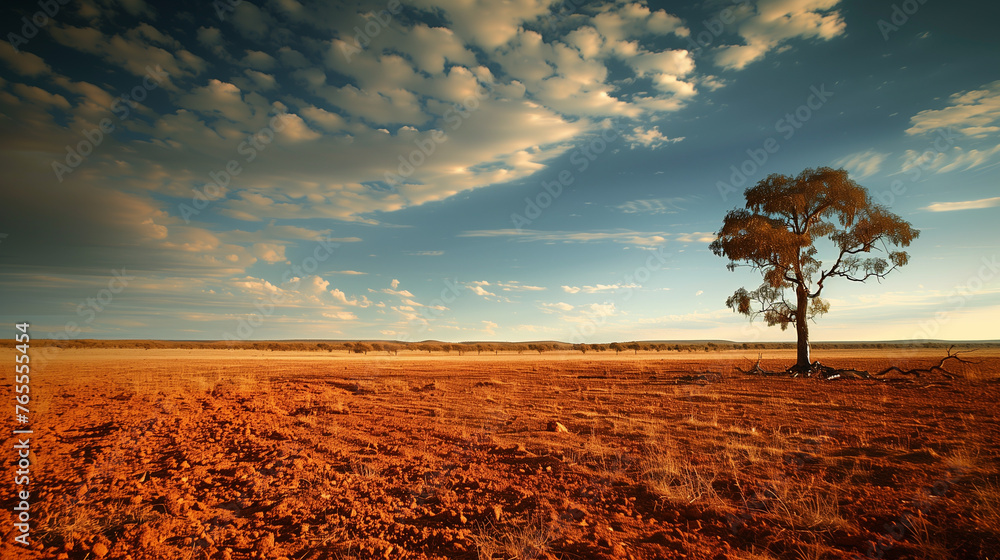 Lone tree in vast arid landscape with blue sky at sunset.