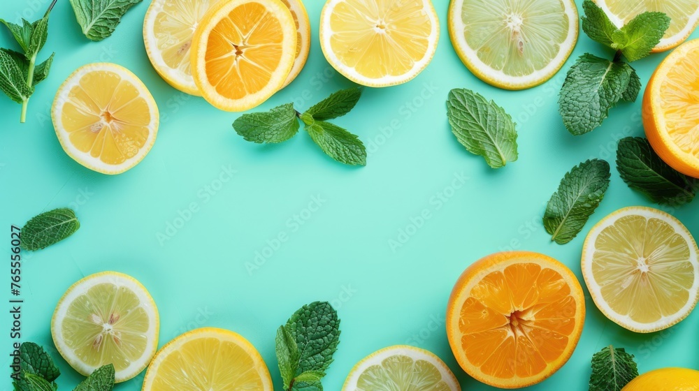 Freshly sliced oranges and lemons on a vibrant blue background. Perfect for food and beverage concepts