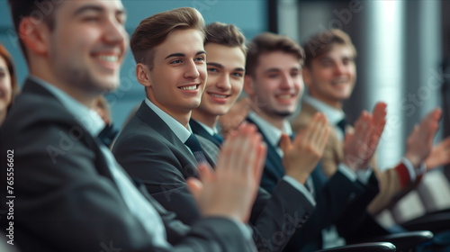 Selective focus of A group of businessmen clapping in a seminar room.