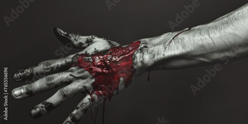A gruesome image of a bloody hand holding a bleeding heart. Perfect for Halloween or horror-themed projects photo