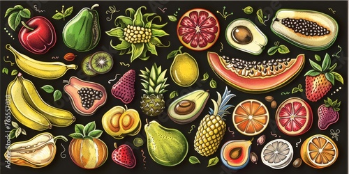 Assorted fruits on a dark backdrop, suitable for food and nutrition concepts photo
