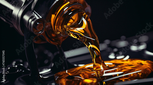 Pouring changing car engine oil   . © Little