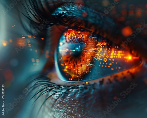Design a close-up shot of a digital eye displaying complex algorithms and binary codes, reflecting the moral quandaries faced by artificial intelligence in speculative narratives This visually strikin photo