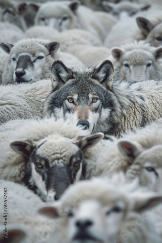 A wolf surrounded by a herd of sheep. Can be used for concepts of danger or deception