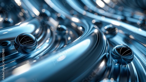 Craft a visually striking long shot image featuring a series of metallic balls rolling down a curvy, futuristic track The balls should reflect light and create a sense of speed and innovation This ima photo