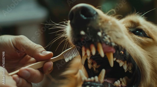 A dog receiving dental care, suitable for veterinary or pet care concepts