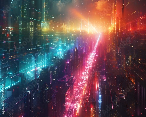 Design an image showing a futuristic cityscape interconnected by colorful beams of light, symbolizing quantum entanglement enabling instant communication worldwide Incorporate intricate details repres photo