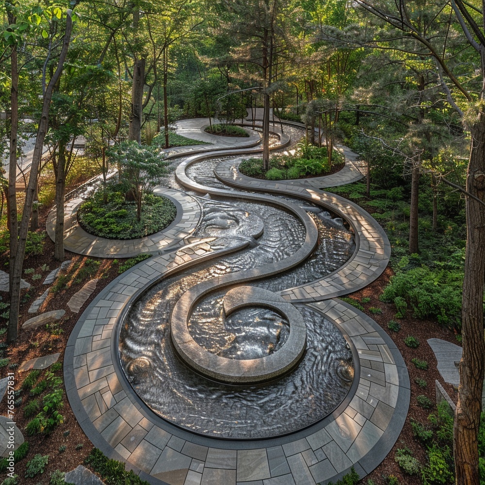 Transform the serene beauty of a sculpture garden into a mesmerizing aerial masterpiece Highlight the harmonious blend of art and nature, revealing the hidden tales etched into each sculpture