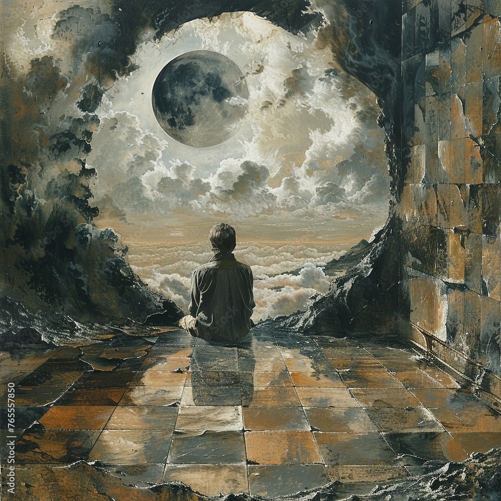 Craft an enigmatic scene of a person gazing at a surreal mirror ...