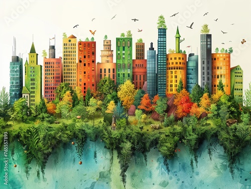 Craft an image of a sustainable city skyline, where each building represents a different ethical consideration for a conscious ecosystem Use vibrant colors to highlight the interconnectedness of eco-f photo