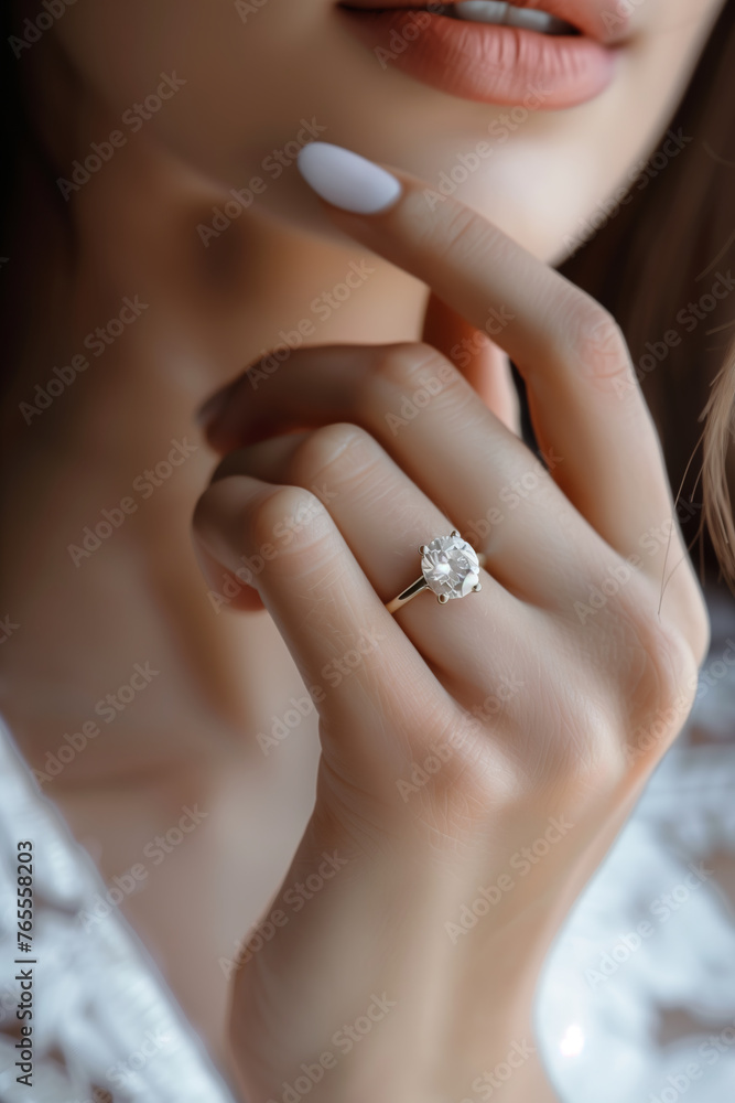 Close-up of a diamond ring on a woman's ring finger. Close-up of a diamond ring on a woman's ring finger.