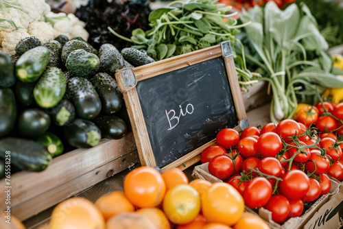 Organic farm products at the market. Fresh vegetables with a sign