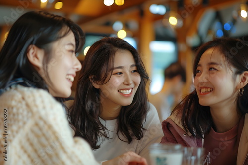 Portrait of three asian women sitting in a cafeteria talking