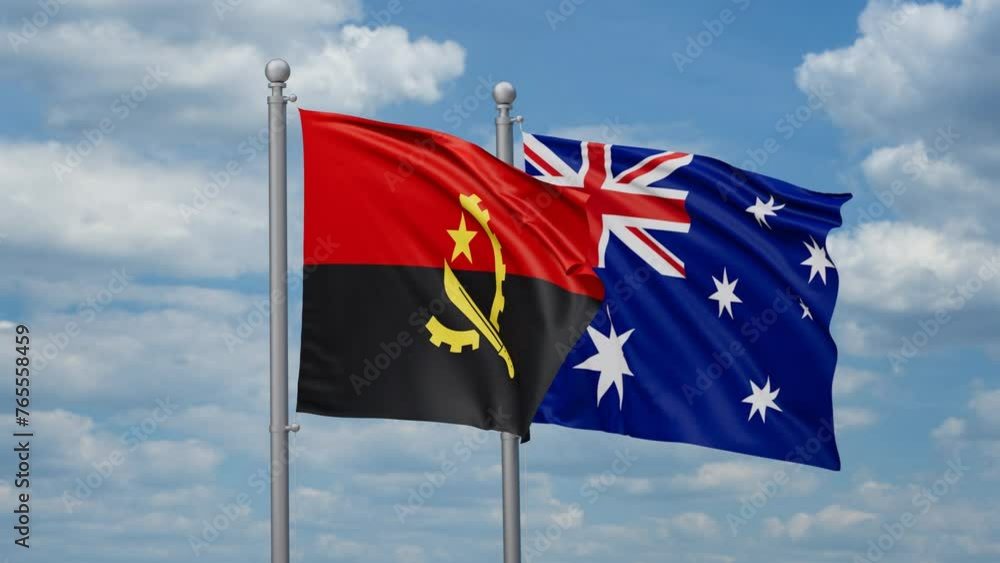 Australia and Angola two flags waving together, looped video, two country relations concept Australia and Angola two flags waving together, looped video, two country relations concept
