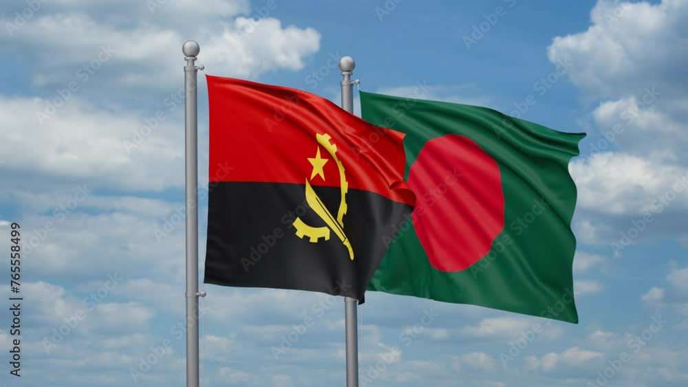 Bangladesh and Angola two flags waving together, looped video, two country relations concept Bangladesh and Angola two flags waving together, looped video, two country relations concept