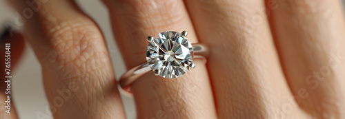 Close-up of a diamond ring on a woman's ring finger.
