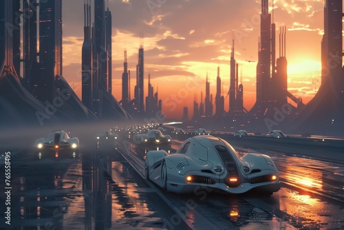 A futuristic cityscape with a car driving down a road. The car is white and has a futuristic design. The sky is orange and the sun is setting