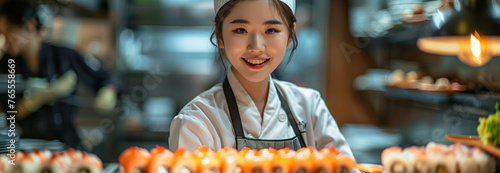 Selective focus of Asian female chef Making sushi at the bar in a Japanese restaurant.