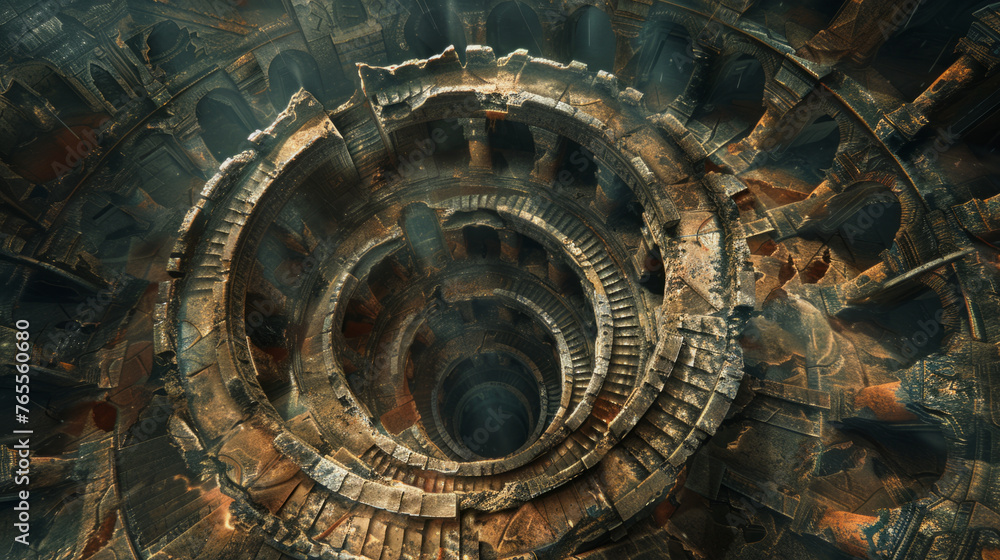 High angle view of a surreal, intricate fractal structure with a circular design, resembling an ancient sunken city or a complex futuristic machine. High angle view of a surreal, intricate fractal structure with a circular design, resembling an ancient sunken city or a complex futuristic machine.