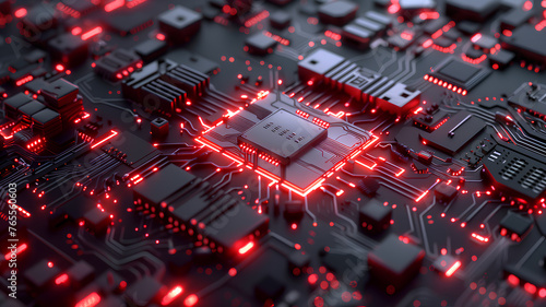 High-Precision Central Processing Unit on Circuit Board . Close-up of a high-performance CPU with glowing red connections on a detailed motherboard, depicting advanced computer technology. 
