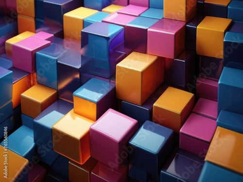 Abstract 3d cubes tech speed movement pattern design background concept  illuminating blue and orange neon glow  bokeh