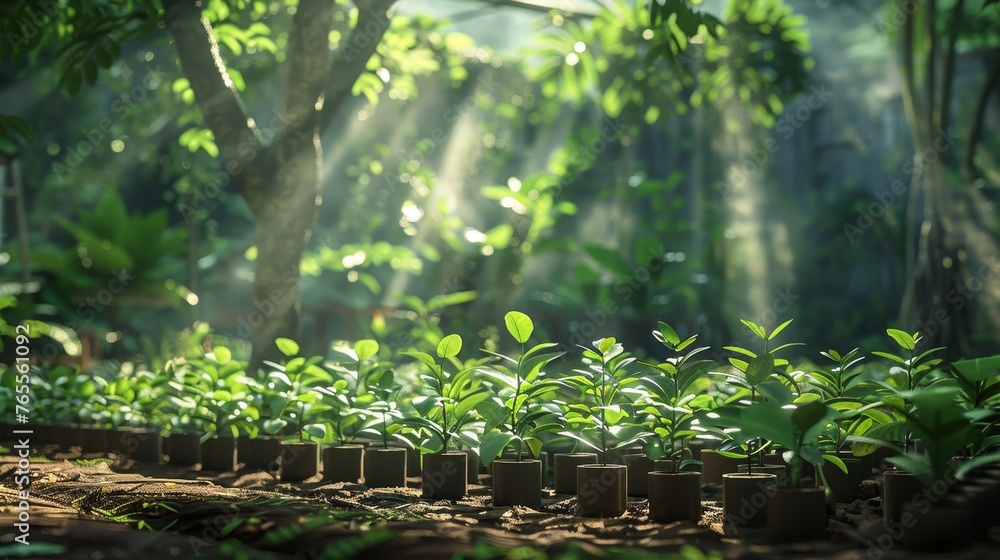 Rows of young green plants in nursery pots bask under the protective shade of a tree canopy, illustrating the early stages of sustainable agriculture and horticulture. - obrazy, fototapety, plakaty 