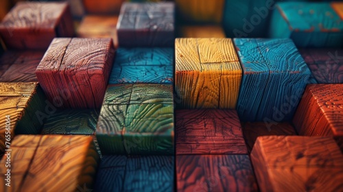 A visually striking arrangement of wooden blocks painted in a spectrum of vibrant colors, creating a rich texture and depth that serves as an abstract background.