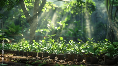 Rows of young green plants in nursery pots bask under the protective shade of a tree canopy, illustrating the early stages of sustainable agriculture and horticulture.