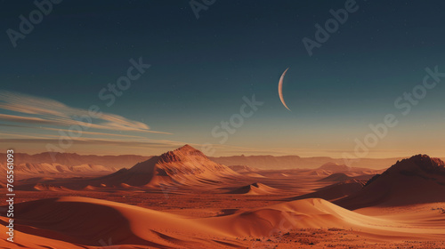 A breathtaking view of a vast desert landscape during sunset features undulating sand dunes  majestic mountains in the distance  and a clear sky with a crescent moon hanging above.