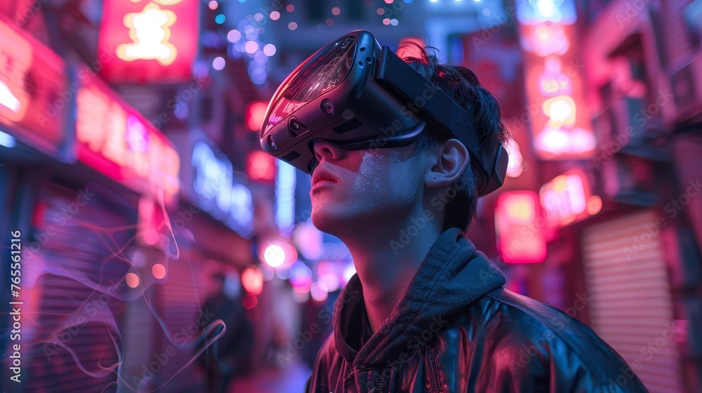 A young man with a VR headset stands in a futuristic neon-lit street, symbolizing the exploration of virtual reality and its possibilities in reshaping our perception of urban environments.
