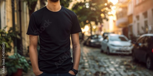 Young Model Mockup – Shirt Boy walking in the daytime on a street in a black t-shirt, Shirt Mockup Template on hipster adult for design print, Male guy wearing casual t-shirt mockup placement, photo