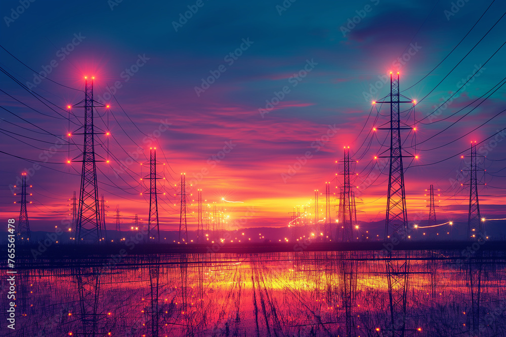 Fototapeta premium Silhouetted electricity pylons stand out against a dramatic red and purple sunset sky, illustrating energy distribution.
