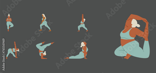 Fototapeta Naklejka Na Ścianę i Meble -  Girl Doing Exercise in different postures set of 7 Elements, Vector Illustration