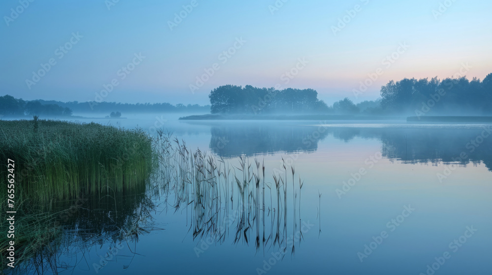 Tranquil landscape at dawn with a misty lake reflecting the silhouette of trees on the horizon and reeds in the foreground. Tranquil landscape at dawn with a misty lake reflecting the silhouette of trees on the horizon and reeds in the foreground.