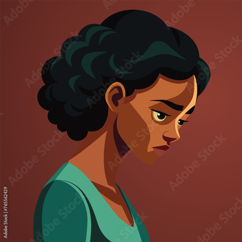 A sad dark-skinned woman, with a bowed head, pictured from the side.