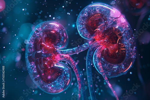 The complex structure of the renal system, enhanced by vibrant pink and blue neon lights that trace the kidneys' outline and the ureters. photo